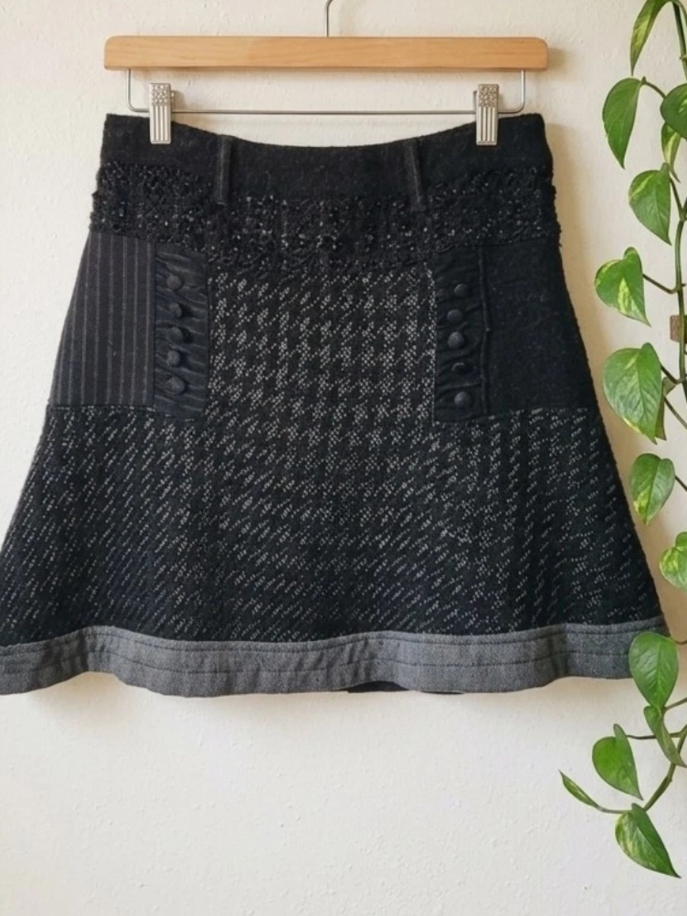DESIGUAL Black Tweed Houndstooth Wool Pinstripe Button Mini Skirt